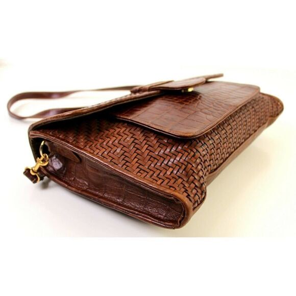 BRIO! BROWN CROCO BRAIDED GENUINE LEATHER ENVELOPE CLUTCH SHOULDER BAG HANDBAG - Picture 10 of 12
